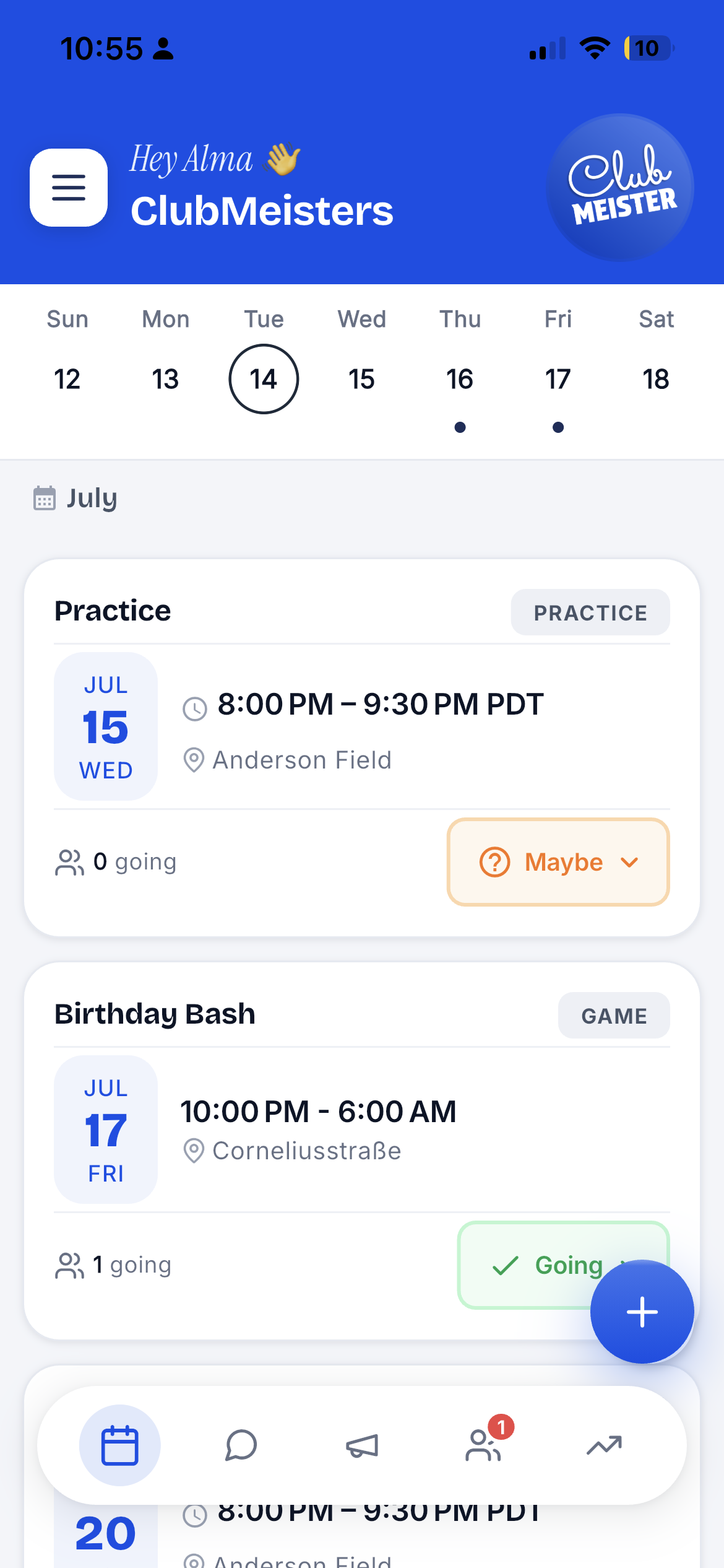 The ClubMeister app showing a club's weekly calendar with practice and game events and live RSVP counts